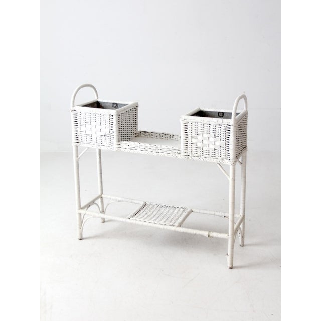 Antique White Wicker Planter Basket Stand For Sale - Image 6 of 12