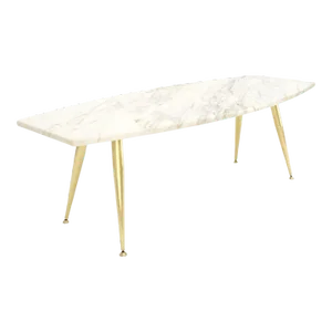 Boat Shape Marble Top Tapered Cone Shape Brass Legs Coffee Table
