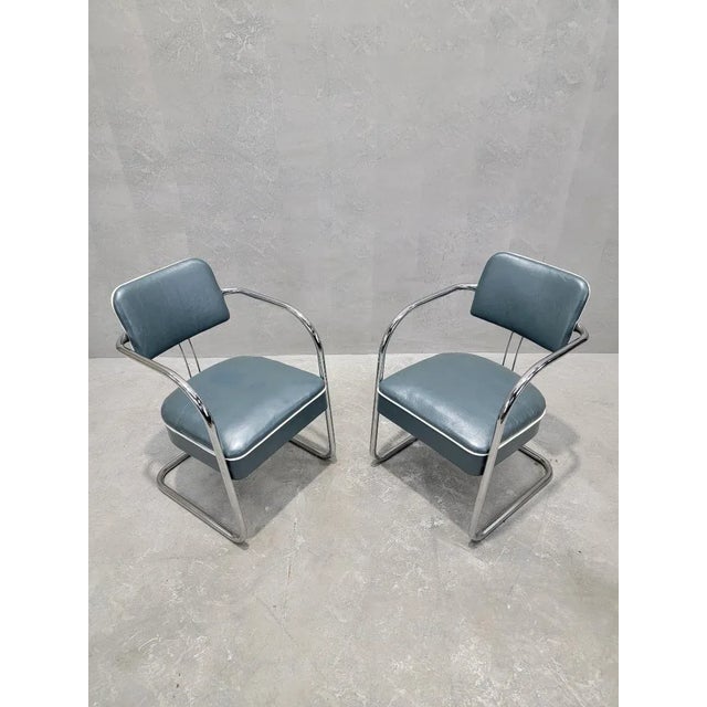 Art Deco Cantilever Chairs Attributed to Kem Weber for Lloyd’s Manufacturing Newly Reupholstered in Holly Hunt Teal...