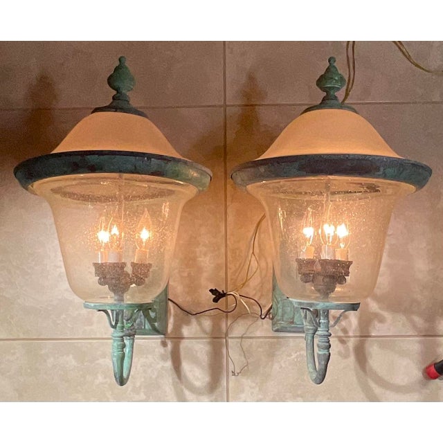Pair of Vintage Solid Brass Outdoor Sconces - Large Verdigris Patina Lanterns For Sale - Image 13 of 16