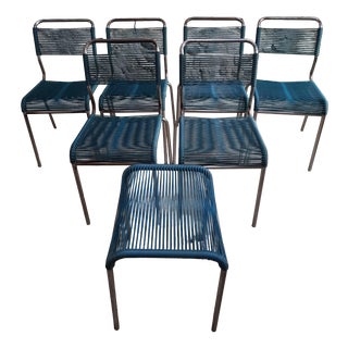 20th Century French Spaghetti Chairs and Ottoman with Chrome Frame, 1960s, Set of 7 For Sale