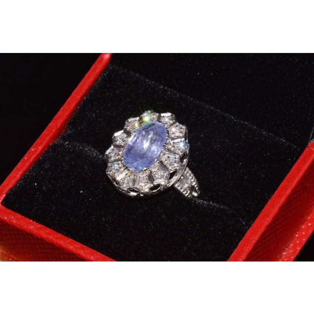 Purple Gia Certified Natural 4cts vs F Diamond No Heat Violet Sapphire 18k Gold Art Deco Etruscan Halo Ring, Size 5.5 For Sale - Image 8 of 10