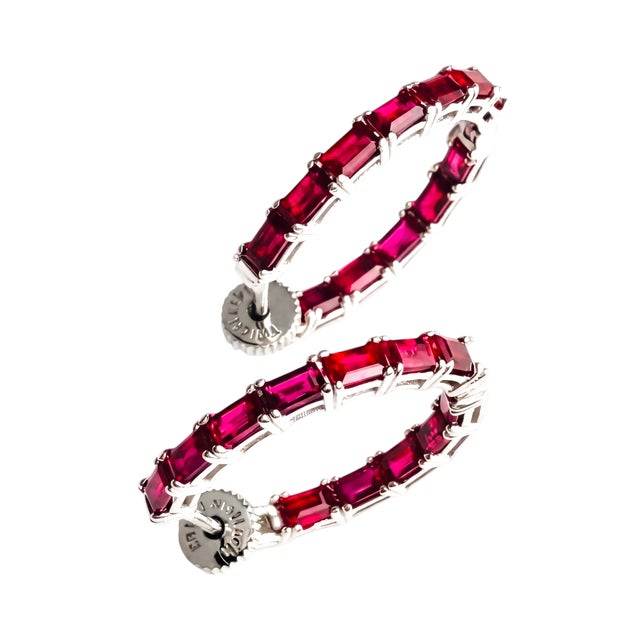 Modern 14k White Gold Twist Lock Inside-Out Hoop Earrings, 2.35ct Rubies For Sale - Image 3 of 7