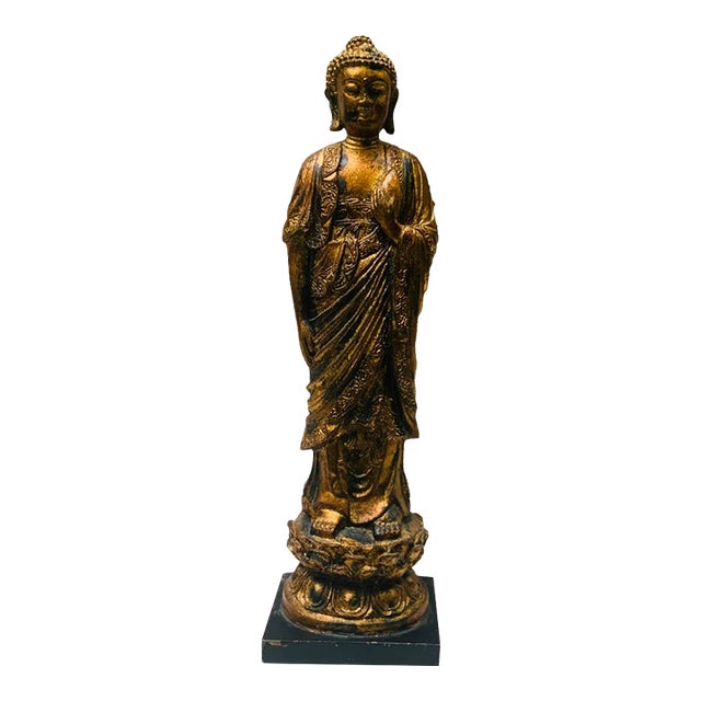 1950s Chinese Buddha Gilded Ceramic Quan Yin Figure on Base For Sale