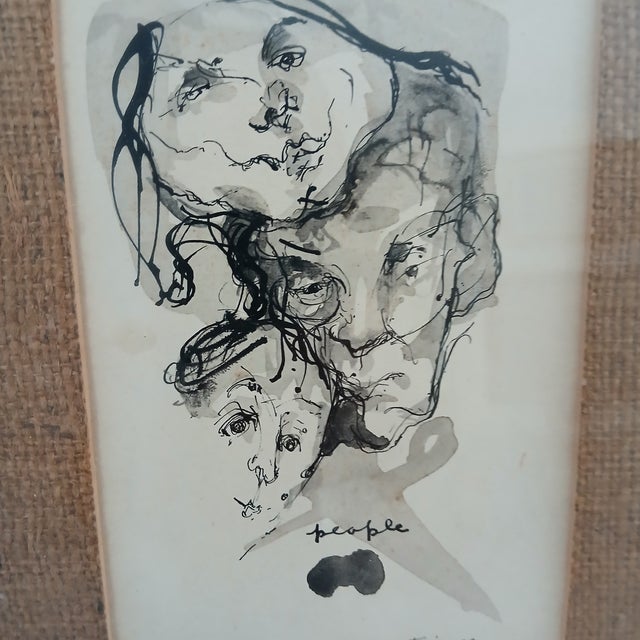 Ink and wash on paper, titled "people", signed lower right triano and dated 54. Image size 4 1/2" x 6 1/2", handsomely...