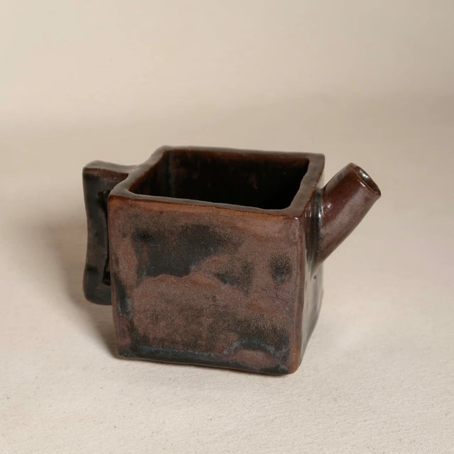 Contemporary Handmade Studio Pottery Square Vessel With Pour Spout & Handle, Abstract Brutalist Form For Sale - Image 3 of 13