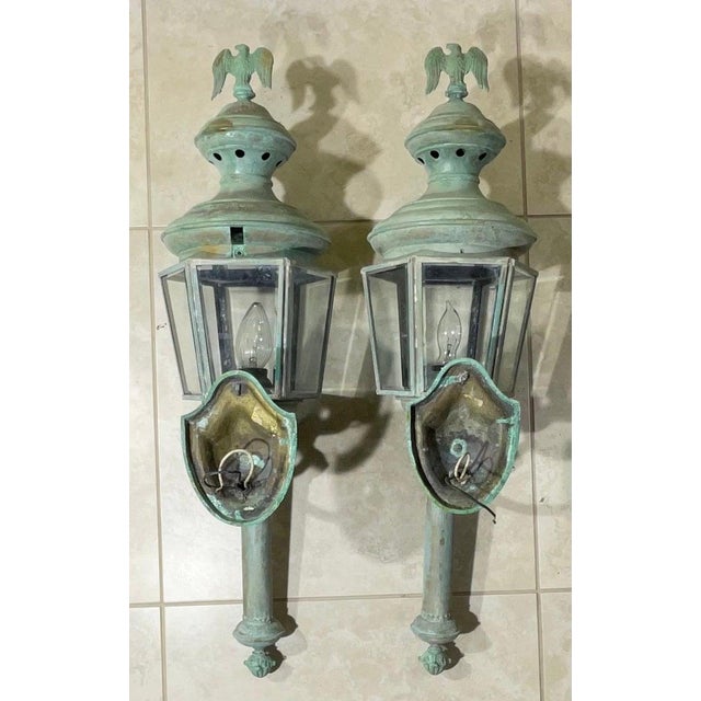 Magnificent Pair of Vintage Solid Brass Eagle-Topped Wall Lanterns For Sale - Image 17 of 17