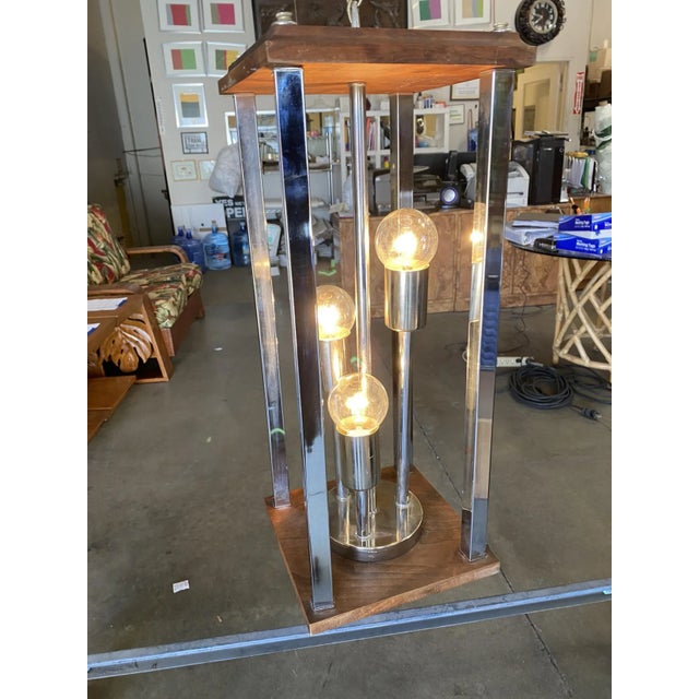 Silver 1970s Post Modern Teak and Chrome Pendant Light Fixtures - a Pair For Sale - Image 8 of 13