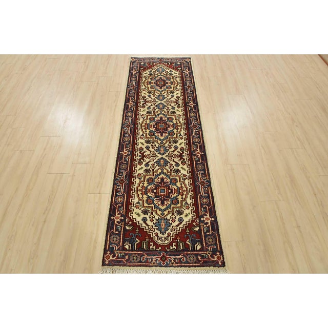 Tribal Heriz Runner 2’7” X 7’11” Ivory Wool Tribal Hand-Knotted Oriental Rug For Sale - Image 3 of 12