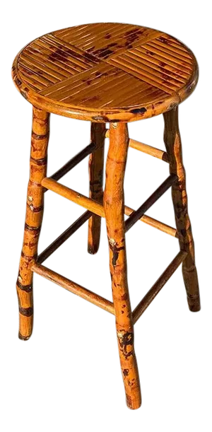 Round Burnt Bamboo and Rattan Inlaid Barstool or Plant Stand