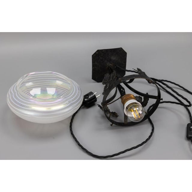 Art Nouveau French White Iridescent Glass and Wrought Iron Table Lamp, 1920s For Sale - Image 17 of 18