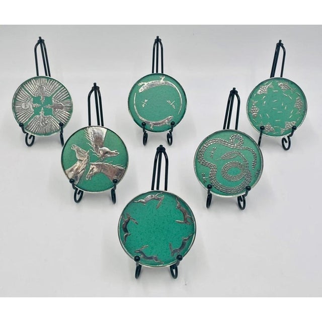 1980s Set of 6 Porcelain & Pure Silver Drink Coasters & Holder by Emilia Castillo For Sale - Image 13 of 18