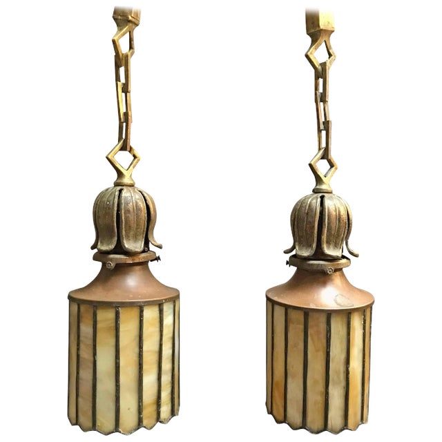 Pair of Arts & Crafts Stain Glass and Brass Pendant Lights For Sale