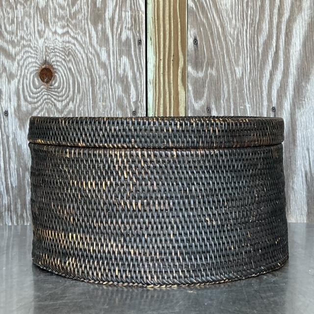 Vintage Boho Woven Rattan Lidded Basket For Sale In West Palm - Image 6 of 6