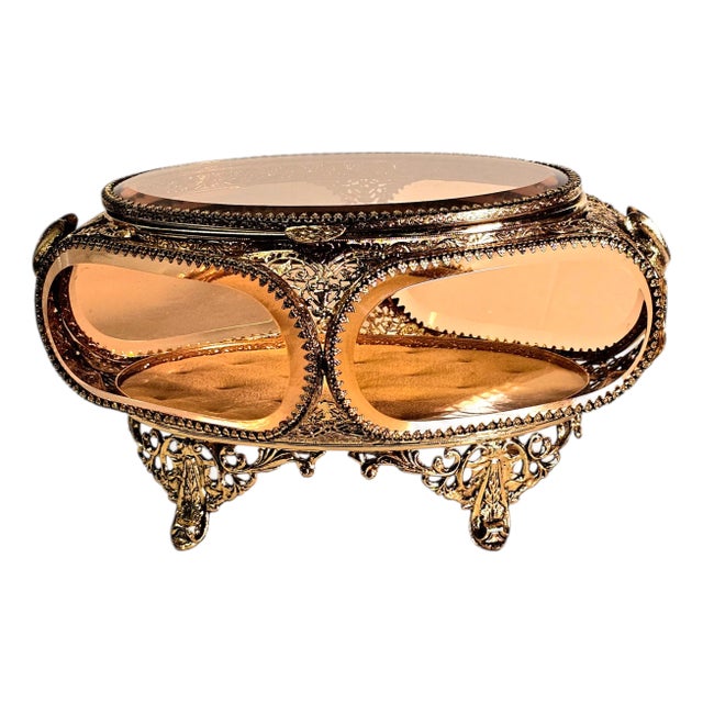 Ormolu Gold Filigree Beveled Glass Jewelry Casket With Lily of the Valley Detail, Mid 20th Century For Sale