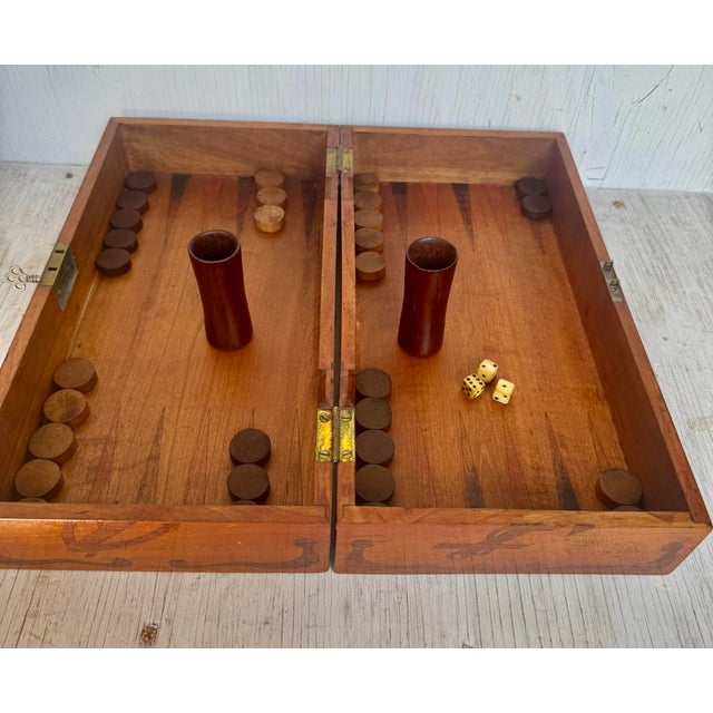 Chocolate Rare Antique Coast Guard Handmade Inlaid Travel Backgammon Set For Sale - Image 8 of 12