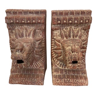 Large Terra-Cotta Bookends Quetzalcoatl Pyramid For Sale