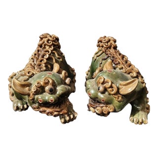 Vintage Shiwan Kiln Glazed Ceramic Foo Dogs / Guardian Lions - A Pair For Sale
