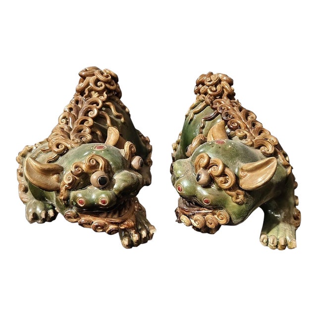Vintage Shiwan Kiln Glazed Ceramic Foo Dogs / Guardian Lions - A Pair For Sale