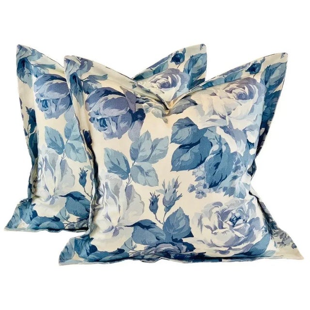 Designer P Kaufmann Aqua Blue Cream & Gray Floral Roses & Daisies Pillow Covers- a Pair For Sale In Jacksonville, FL - Image 6 of 6