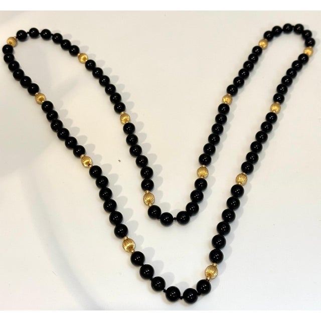 Round Bead Black Onyx & 14 Karat Gold Bead Necklace For Sale - Image 4 of 8