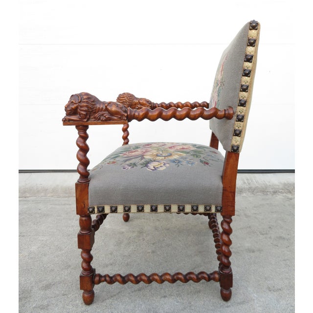 Antique Barley Twist Needle Point Carved Lions Hall or Throne Chair ~ Traditional Style Wood Side Accent Art Seating For Sale - Image 14 of 18