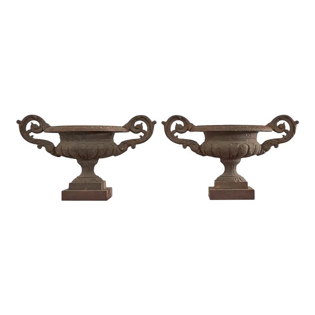 Pair of Diminutive English Cast Iron Urn Jardinaires For Sale