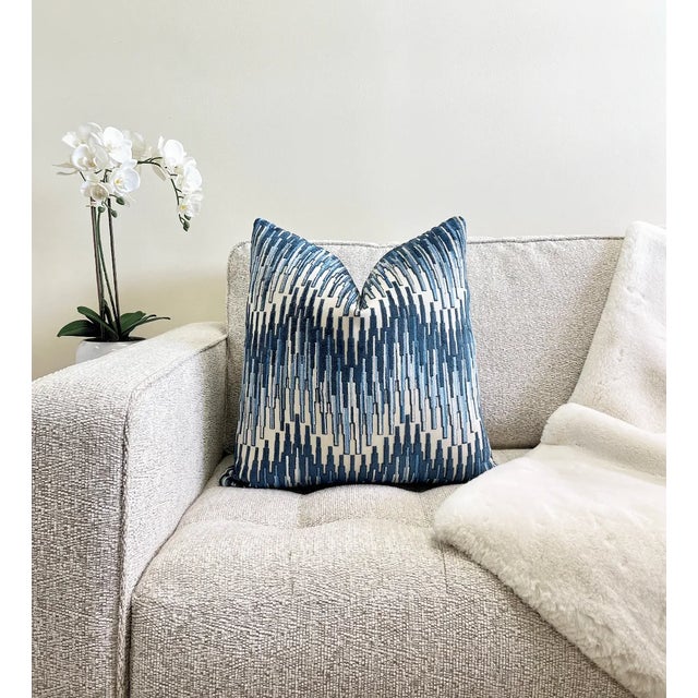 Blue Multi Zigzag Velvet Throw Pillow With Feather Down Insert For Sale In New York - Image 6 of 6