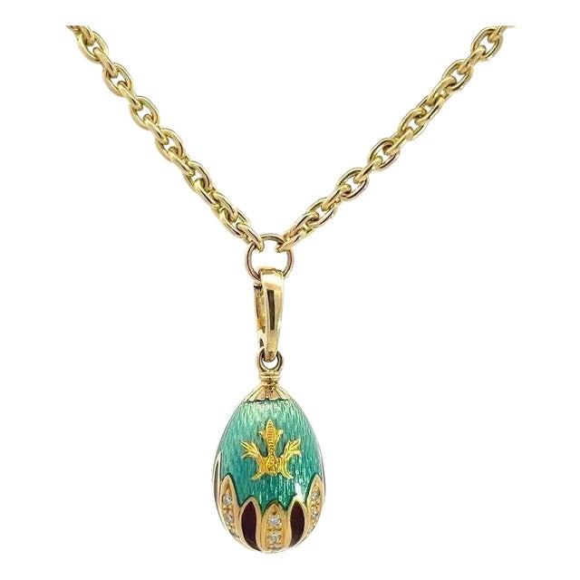 Faberge Diamond Egg Pendant Necklace 18k Yellow Gold Guilloche Enamel For Sale