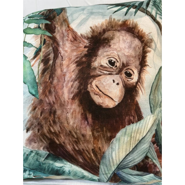Figurative 16" Square Decorative Toss Pillow Embellished With a Playful Young Orangutan /Monkey in the Jungle - Made in the U K For Sale - Image 3 of 11