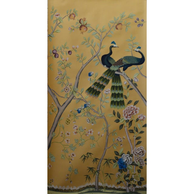 Hand-Painted Peacock & Floral Silk Wallpaper | Chinoiserie Mural | Custom Luxury Wall Mural for Living Room For Sale - Image 4 of 4