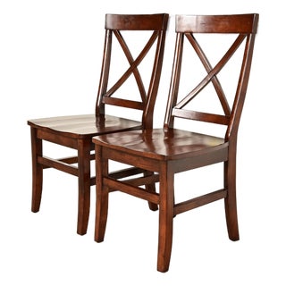 English Country Farmhouse Carved Walnut X-Back Side Chairs or Dining Chairs, Pair For Sale