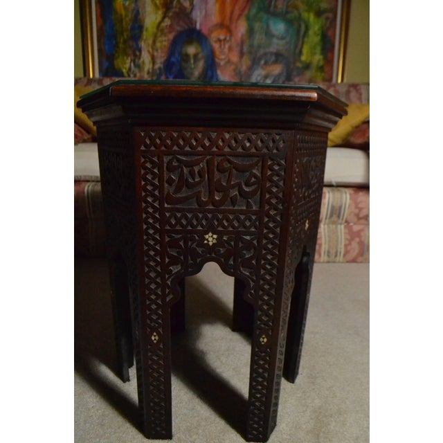 Vintage Authentic Hand Carved Moroccan Side Table Glass Mother of Pearl Inlay For Sale - Image 9 of 9