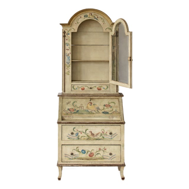 Mid 20th Century Venetian Style Folk Art Cabinet | Painted Bureau With Glass Door & Drop Front For Sale