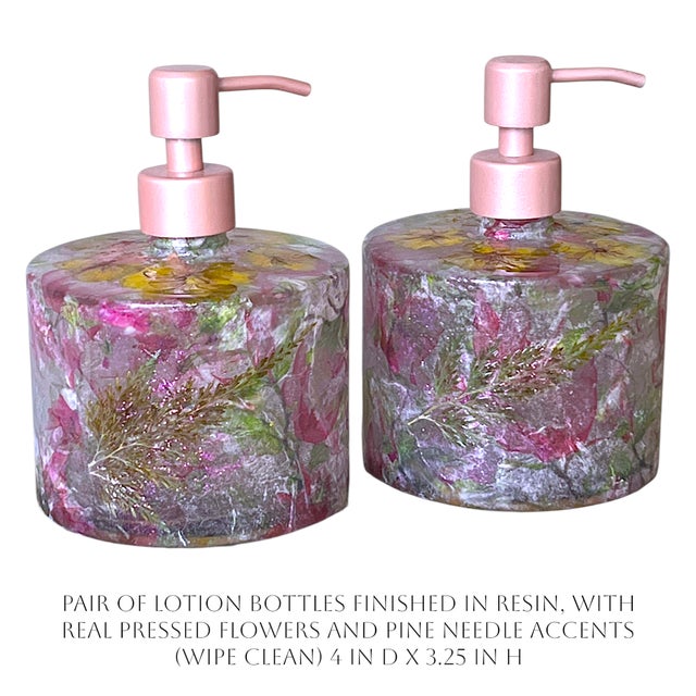 Boho Chic Boho/Farmhouse Lotion/Soap Glass Bottle Set With Real Pressed Flowers and Pine Accents, ( Water Safe Resin Finish) 4x3.25 For Sale - Image 3 of 3