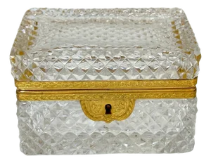 Late 19th C French Fire Gilt Ormolu Cut Glass Table Box, Attributed to Baccarat