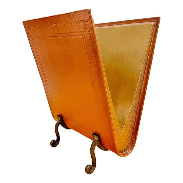 1970s Italian Florentine Trompe l'Oeil Leather Book Magazine Rack With Gilt Edges & Scroll Feet For Sale