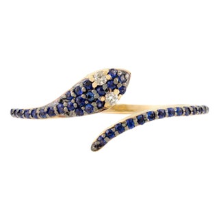 14k Gold Blue Sapphire and Diamond Eye Snake Ring Size 5.5 For Sale