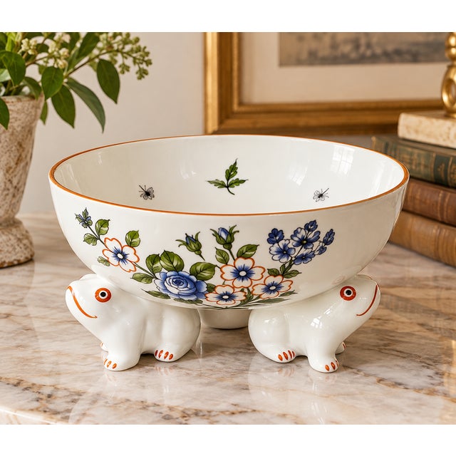 A delightful Italian ceramic centerpiece bowl made for Tiffany & Co. by Este Ceramiche. Raised on three sculptural frogs,...
