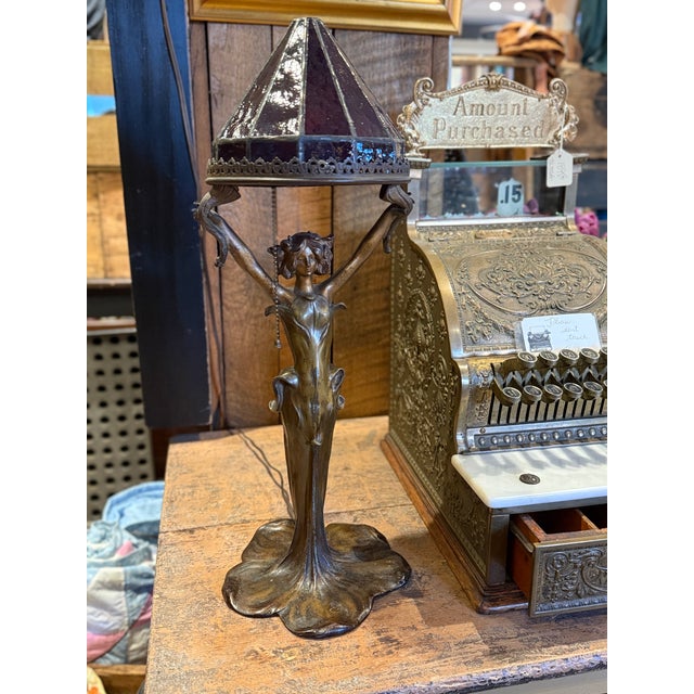 Antique Art Nouveau Cast Bronze Figural Lamp Signed J. Causse Ruby Red Stained Glass Shade c.1900 For Sale - Image 15 of 16