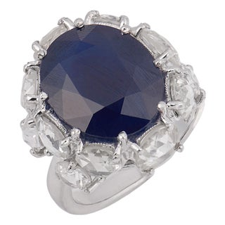 Vintage 8.79 Carat Sapphire Diamond Platinum Cocktail Ring, Size 6 For Sale
