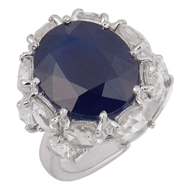 Vintage 8.79 Carat Sapphire Diamond Platinum Cocktail Ring, Size 6 For Sale