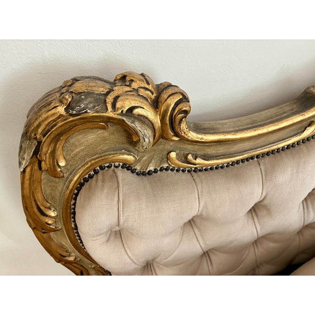 Early 20th Century Vintage Italian Carved Painted Bed Frame Tufted Headboard Footboard Rails For Sale - Image 5 of 17