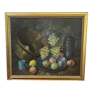 20th Century American School Tabletop Still Life Grapes and Fruits Framed Signed