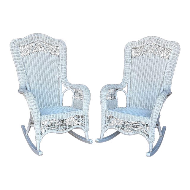 19th Century Pair Painted White Wicker Victorian Style Rocking Chairs For Sale
