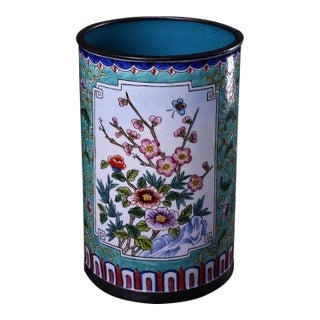 Vintage Enamel on Copper Brush Pot With Floral & Butterfly Motifs – Qing Style For Sale