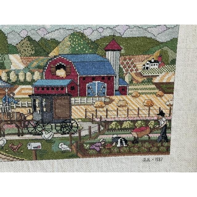 1980s 1987 Colorful, Detailed Cross Stitch of Farmhouse and Farm Scene For Sale - Image 5 of 5