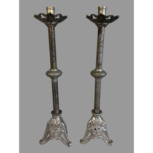 Pair of Antique Gothic Silver Plate 21" Alter Candlesticks For Sale - Image 6 of 10