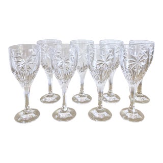 Vintage Godinger Czech Crystal South Beach Cut Palm Tree Pattern Stemware Wine Water Goblet - Set of 8 For Sale