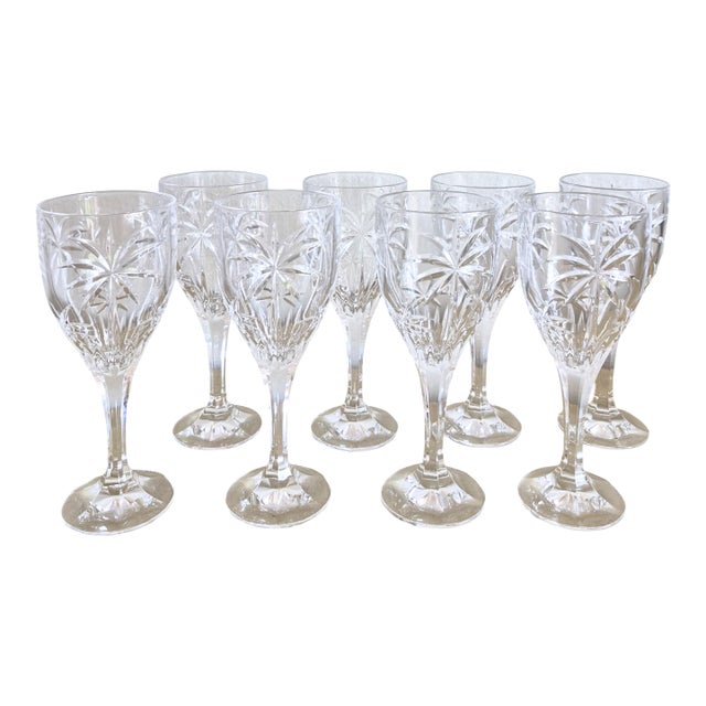 Vintage Godinger Czech Crystal South Beach Cut Palm Tree Pattern Stemware Wine Water Goblet - Set of 8 For Sale